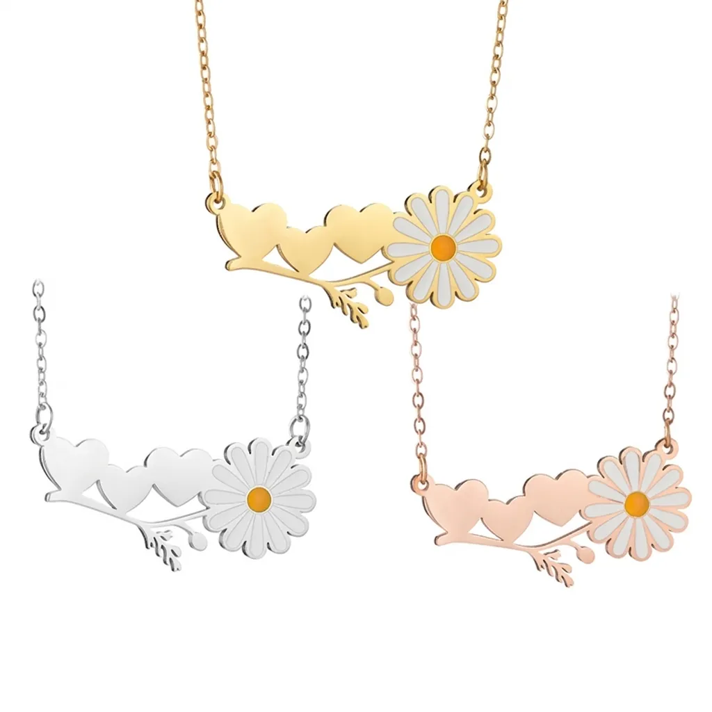 Collier Pendentif Cœur Marguerite En Acier Inoxydable Pour Femmes Bijoux Romantiques En Émail Fleur Cadeau Quotidien