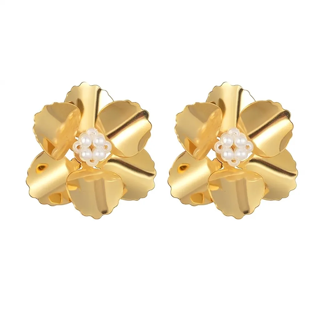 Boucles D'Oreilles Clous Grande Fleur En Acier Inoxydable Avec Étamine De Künstliche Perle Bijoux Floraux Élégants En Or Pour Mariage