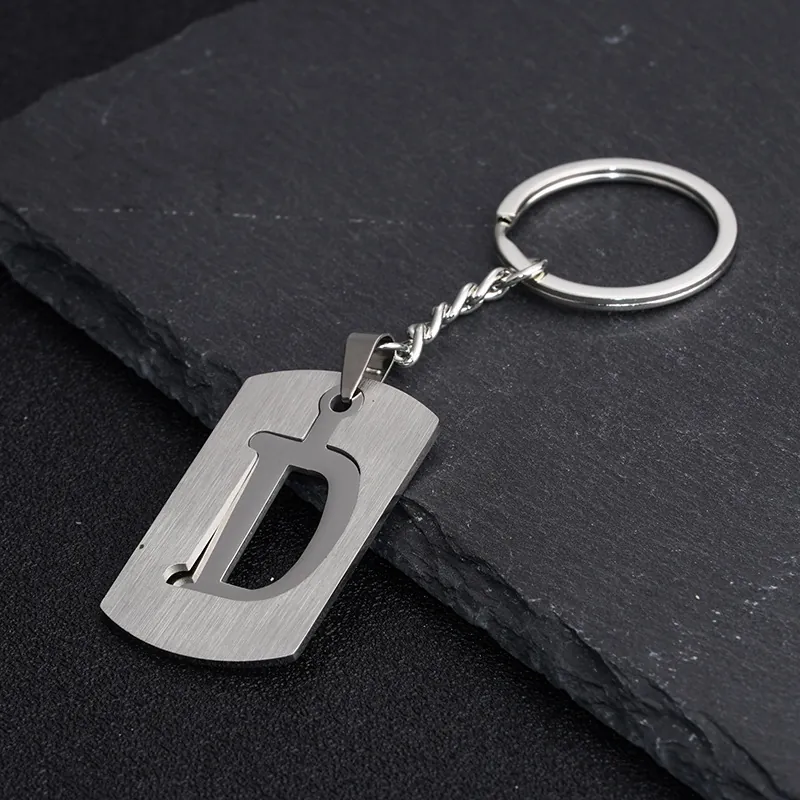 Minimalist Stainless Steel Alphabet Letter Keychain Rectangular Hollow Out Brushed Metal Key Ring For Men Women Gift