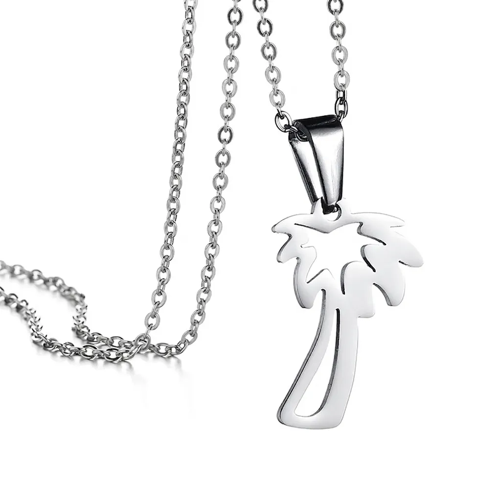 Minimalist Stainless Steel Coconut Tree Pendant Necklace For Women Hollow Out Tropical Palm Tree Clavicle Chain Summer Jewelry