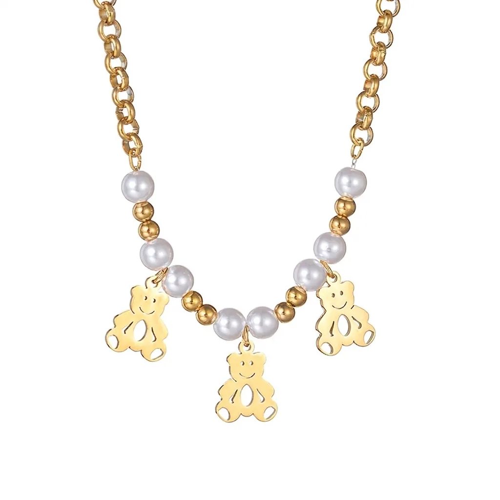 Élégant Collier en Acier Inoxydable Plaqué Or 18K Avec Künstliche Perles d'Imitation et Pendentifs Cœur Ours Fleur Plume Bijoux Femme