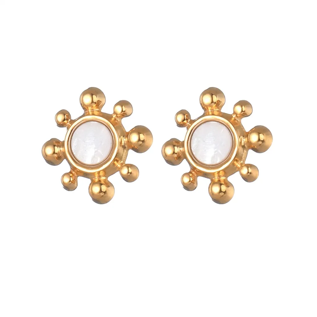 Boucles d'Oreilles Clous Tournesol en Acier Inoxydable Minimaliste Incrustation de Nacre Plqué Or Argent Bijoux Mode Femme