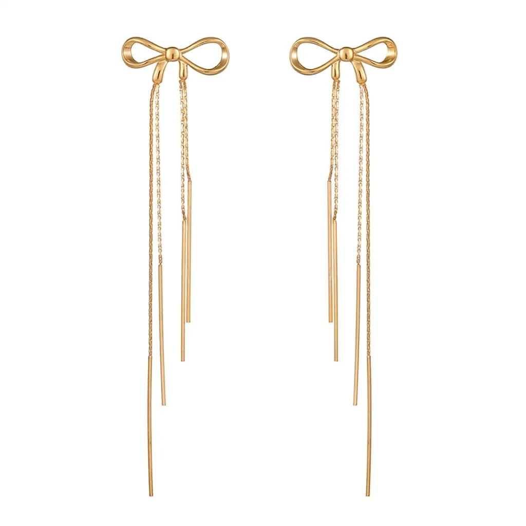 Luxury Stainless Steel Bow Tassel Drop Earrings For Women Elegant Gold Plated Bowknot Long Chain Dangle Jewelry Wedding Party Decor