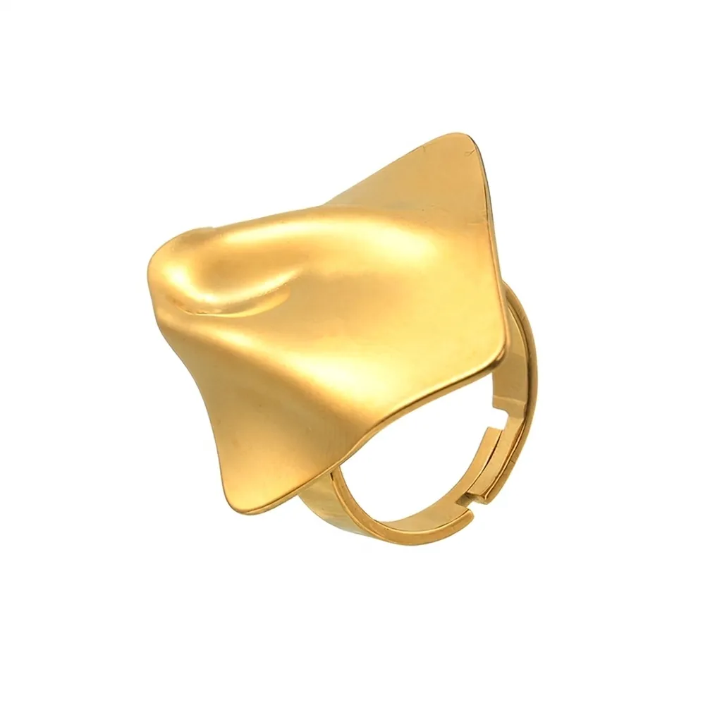 Irregular Geometric Wave Folded Open Ring Stainless Steel Gold Plated Minimalist Liquid Metal Texture Adjustable Ring For Women Jewelry