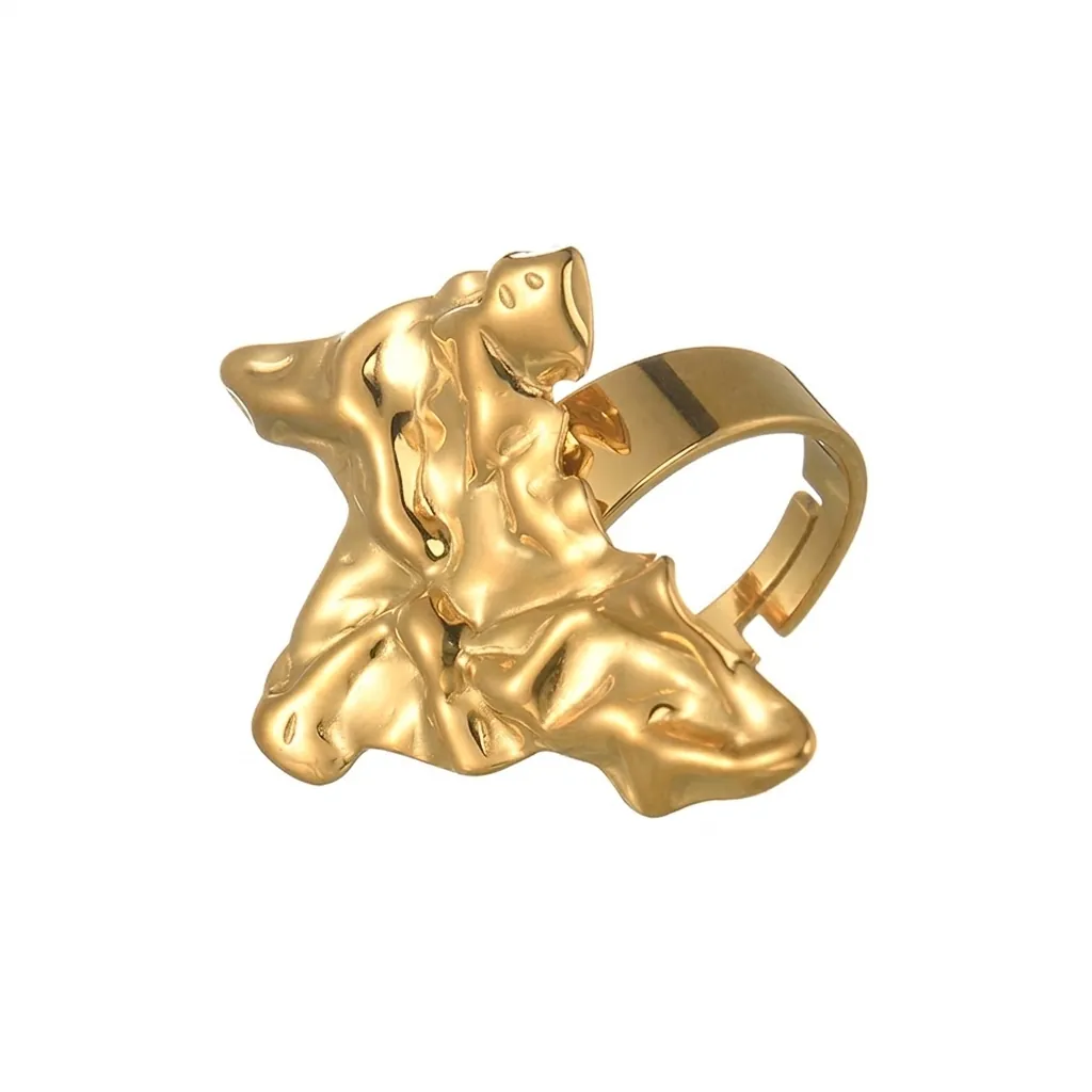 Moderner Edelstahl Unregelmäßig Gefalteter Goldener Ring Verstellbare Offene Band Lava Textur Mode Schmuck Für Damen
