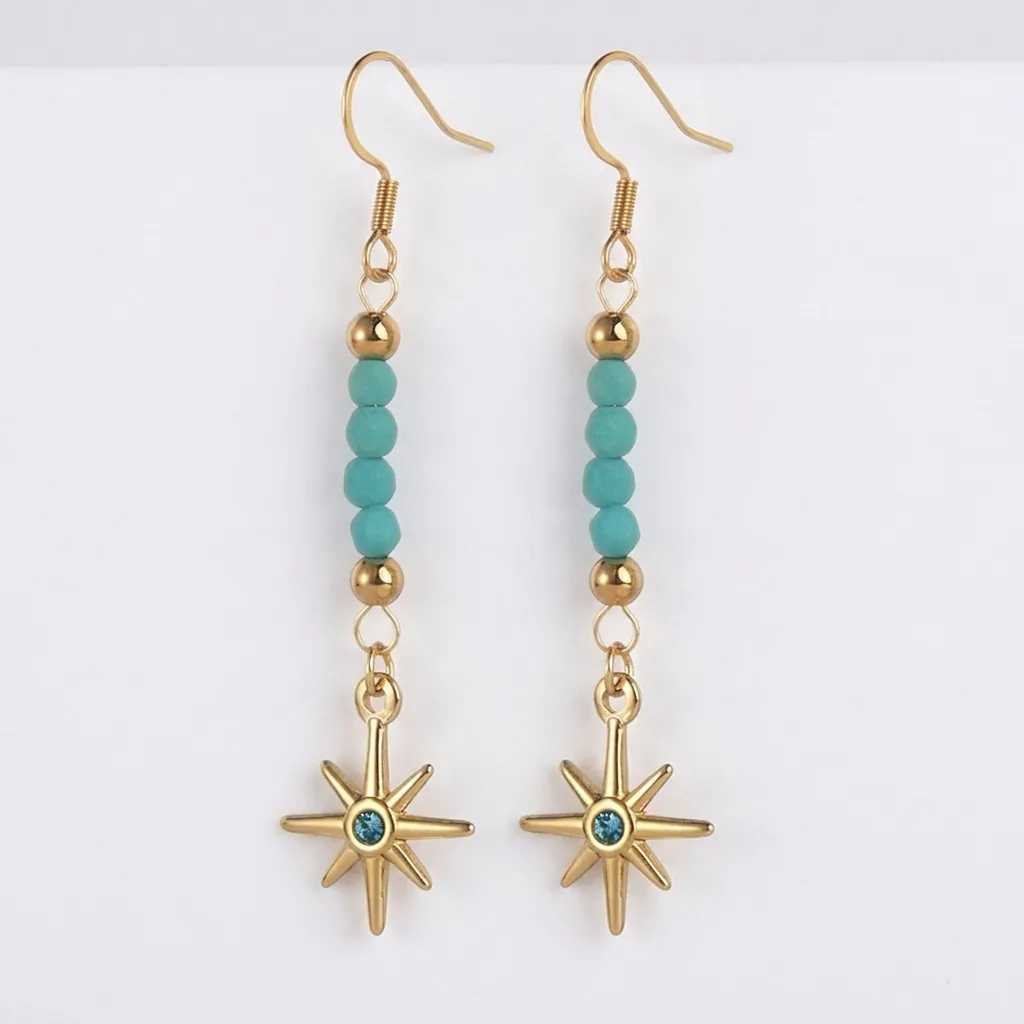 Boucles d'Oreilles Pendantes en Acier Inoxydable Étoile Bohème Vintage avec Perles et Strass Bleu Bijoux pour Femme