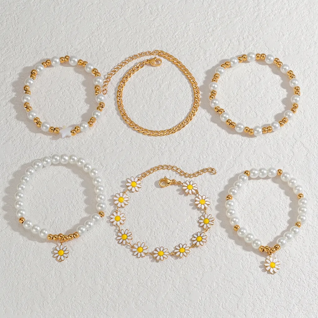 Bracciale in Acciaio Inossidabile con Margherita Alla Moda Oro Smalto Fiore Imitazione Perla Artificial Bracciale a Catena per Donna Gioielli