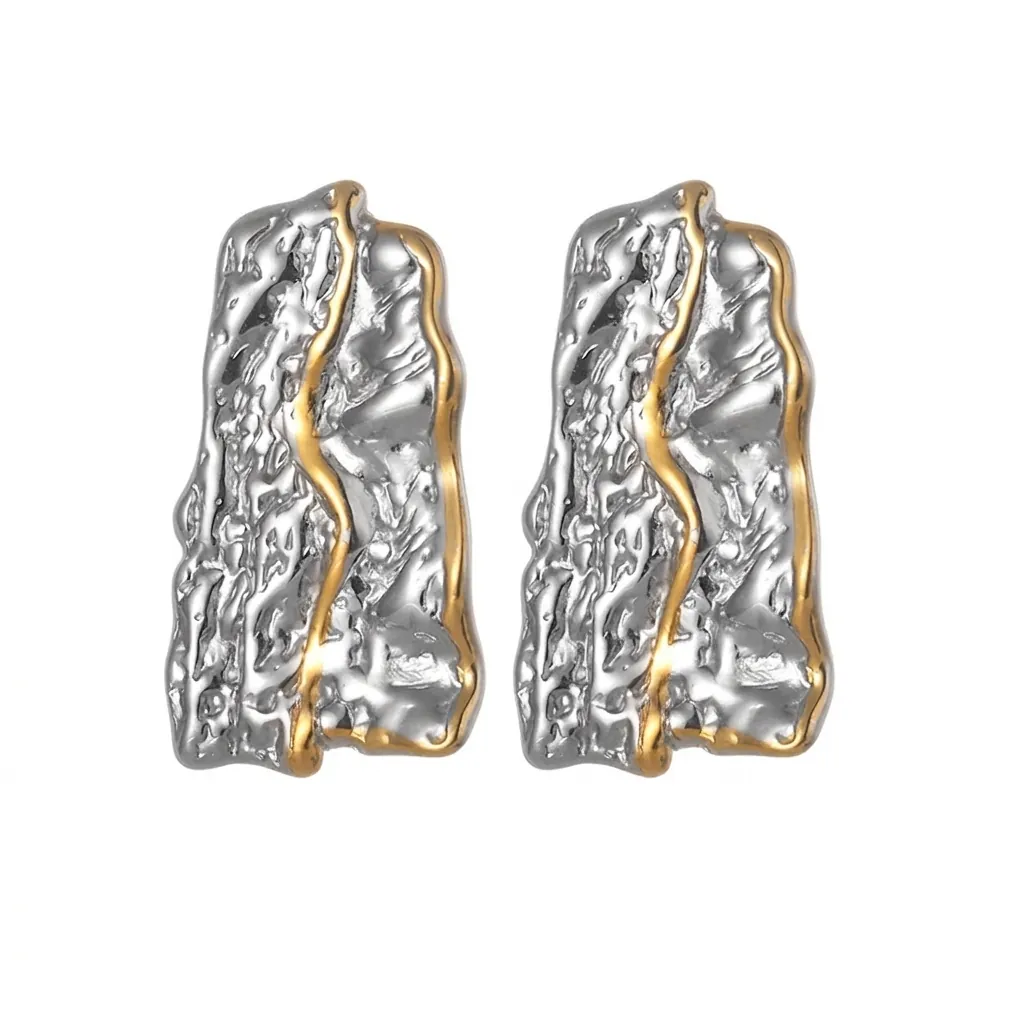 Modern Stainless Steel Geometric Earrings For Women Irregular Wavy Texture Gold Silver Bicolor Electroplated Stud Earrings Jewelry Gift