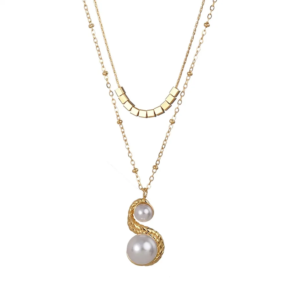 French Vintage Double Layer Necklace Stainless Steel Gold Plated Minimalist Square Block Artificial Pearl Pendant Chain Women Jewelry