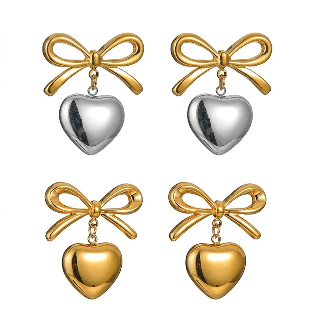 Boucles d'Oreilles Pendantes Rétro Français Nœud Cœur en Acier Inoxydable Élégantes Or Argent Polies pour Femme Bijoux de Fête