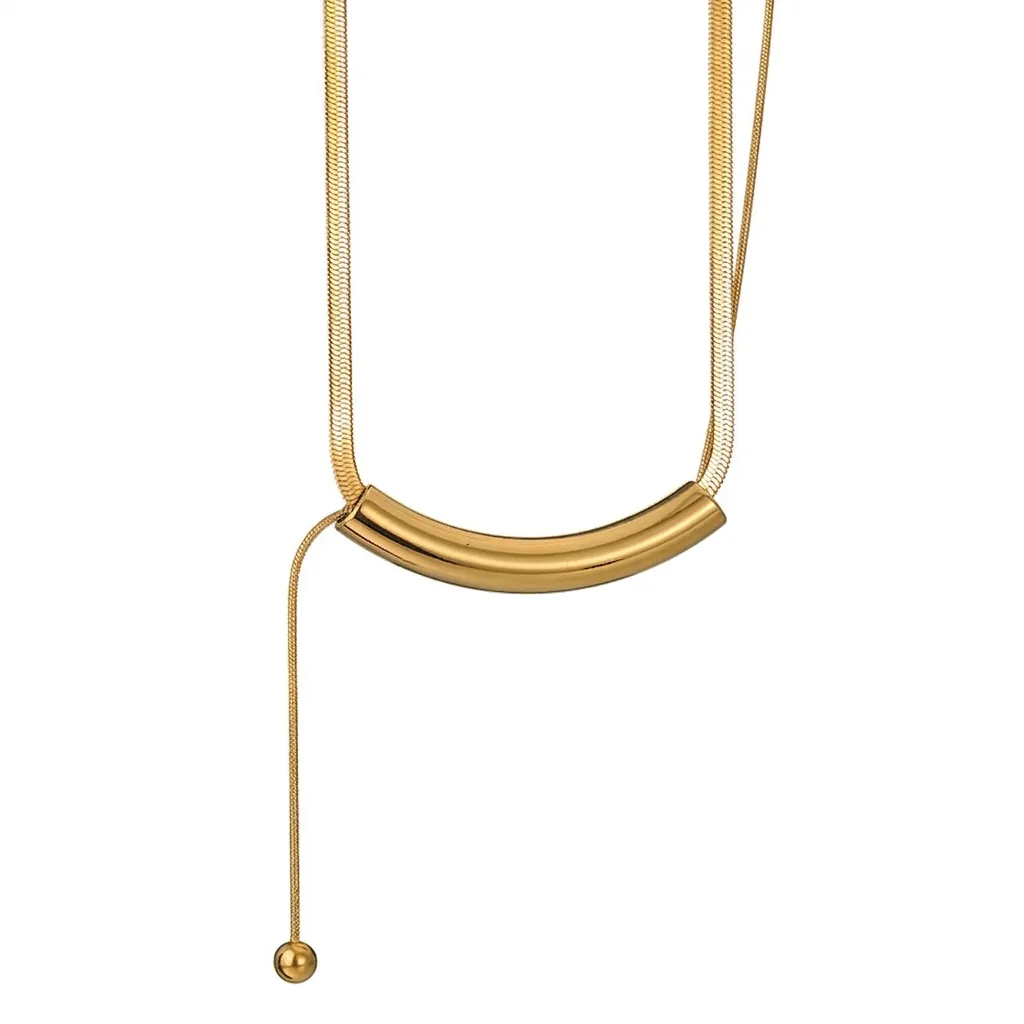 Minimalist Stainless Steel Round Tube Tassel Necklace For Women Fashion Geometric Gold Plated Clavicle Chain Jewelry Gift