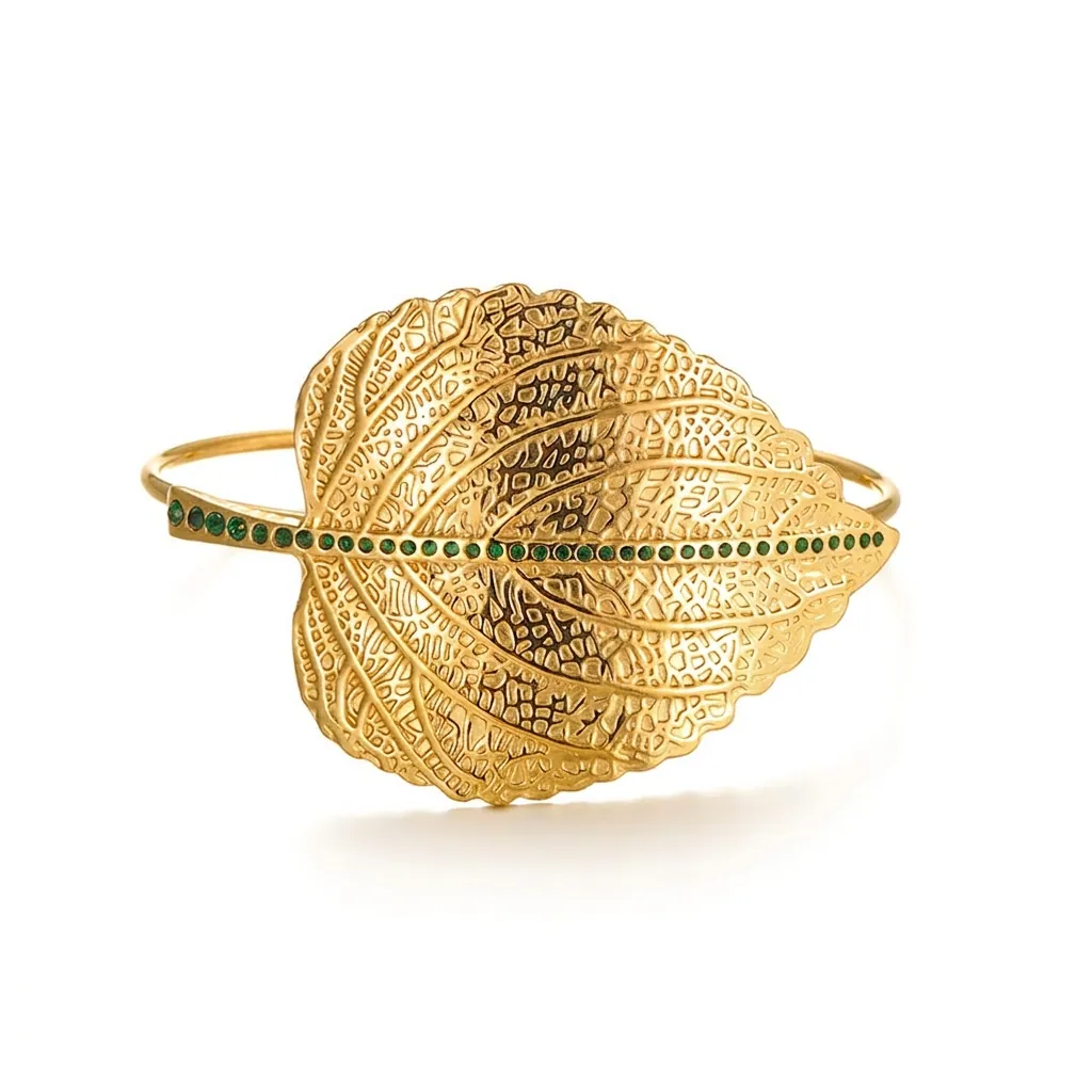 French Retro Exaggerated Leaf Stainless Steel Open Bangle For Women Fashion Inlaid Green Rhinestone Jewelry Gift