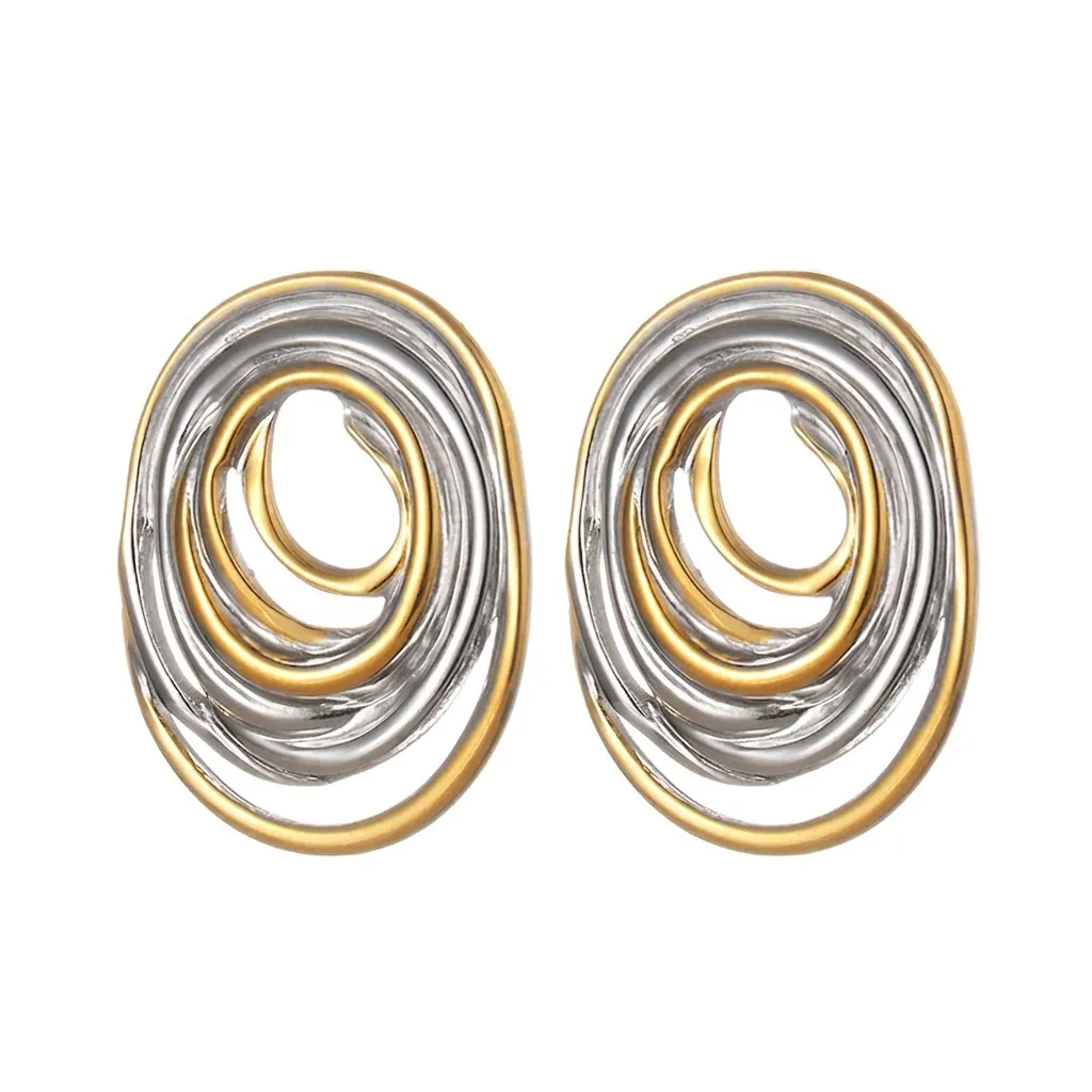Irregular Oval Spiral Stainless Steel Earrings For Women Gold Silver Bi-color Geometric Minimalist Stud Earring Jewelry