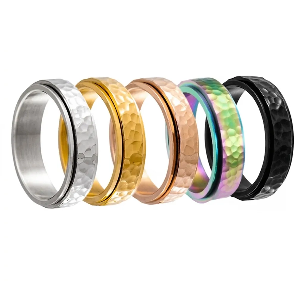 Mode Acier Inoxydable Martelé Spinner Bague Bande Large Rotative Soulagement de l'Anxiété Minimaliste Unisexe Bijoux Cadeau