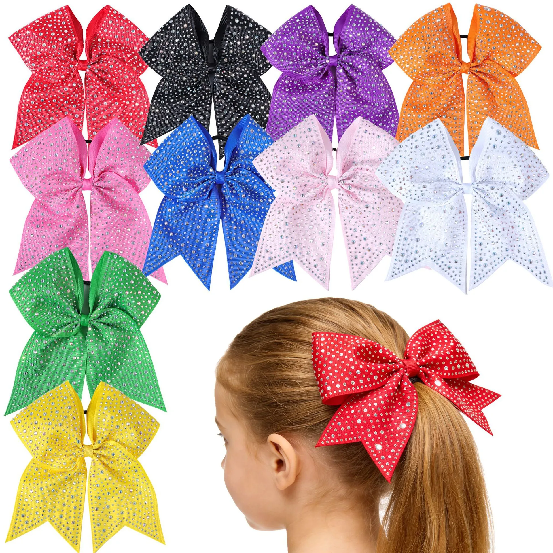 Kids Large Rhinestone Bow Hair Ties Grosgrain Ribbon Sparkling Cheerleading Bows For Girls Party Fashion Hair Accessories