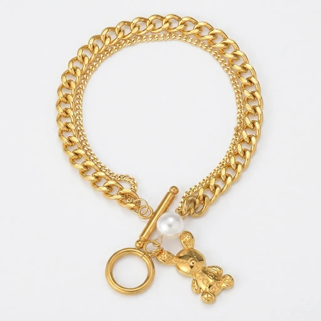 Gold Stainless Steel Double Layer Bracelet With White Faux Artificial Pearl Bunny Bear Animal Charm OT Buckle Jewelry For Women