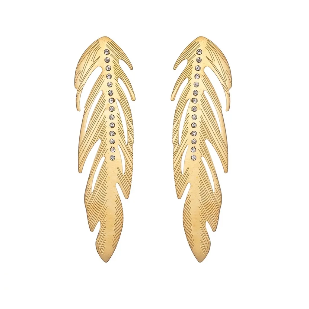 Boucles d'Oreilles Pendantes Plume en Acier Inoxydable pour Femme Plaquées Or Longues avec Strass Bijoux Cadeau