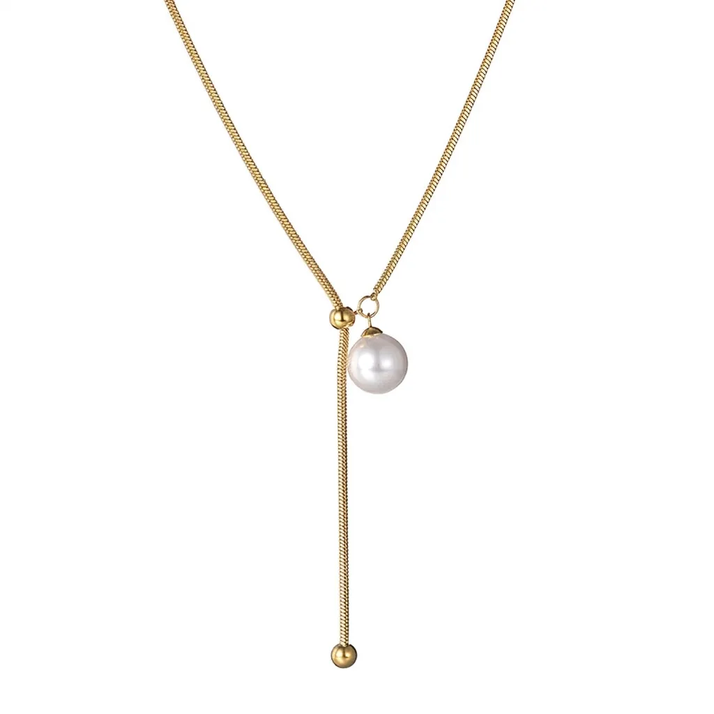 Élégant Collier en Y Gland Künstliche Perle Acier Inoxydable Plaqué Or Chaîne Serpent Longue Ajustable Collier de Pull Pour Femmes