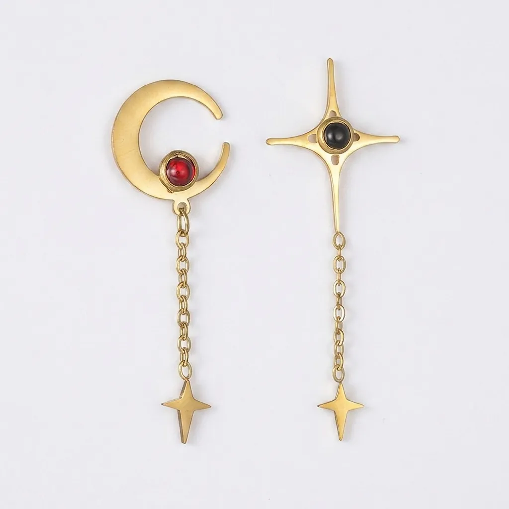 Vintage Asymmetric Moon Star Tassel Dangle Earrings For Women Gold Stainless Steel Geometric Rhinestone Drop Jewelry Gift