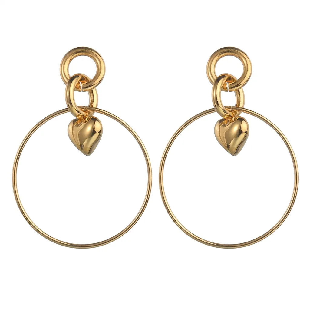 Boucles d'Oreilles Créoles Larges avec Pendentif Cœur en Acier Inoxydable pour Femmes Boucles d'Oreilles Rondes Géométriques Dorées