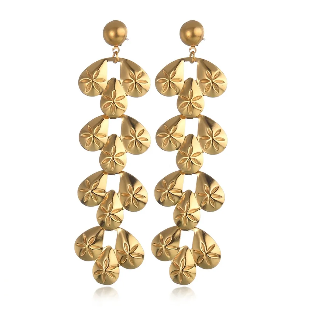 Vintage 18K Gold Plated Stainless Steel Long Tassel Drop Earrings For Women Elegant Leaf Pattern Cascading Dangle Earrings Jewelry