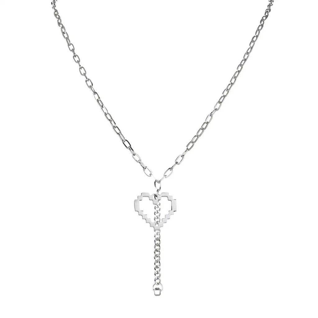 Collana con Pendente a Cuore Pixellato in Acciaio Inossidabile Minimalista Catena a Cuore Cavo Stile Industriale Y2K Gioielli Donna