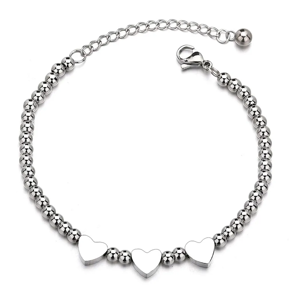Fashion Stainless Steel Round Bead Heart Charm Bracelet Adjustable Chain Minimalist Women Jewelry Silver Tone Hand Accessory