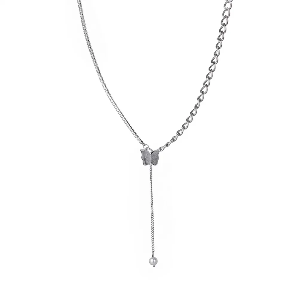 Stainless Steel Butterfly Tassel Necklace With Asymmetric Chain Simulated Artificial Pearl Zirconia Minimalist Jewelry For Women