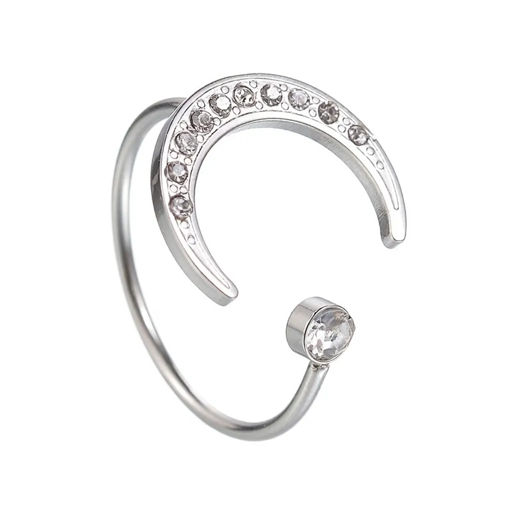 Bague Ouverte Minimaliste en Acier Inoxydable Lune Zircon Réglable Argent Strass Incrusté Bijoux de Mode Pour Femmes