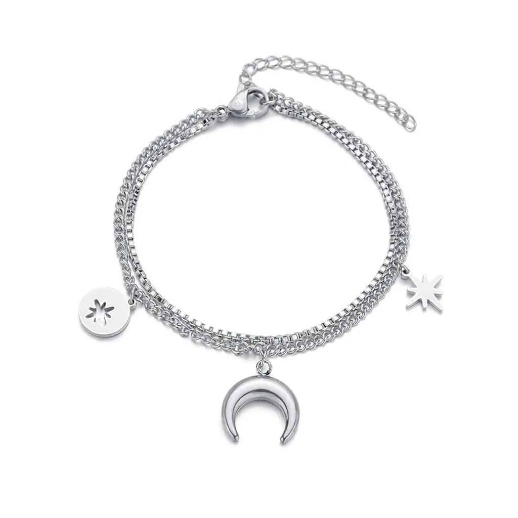 Minimalist Double Layer Moon Star Stainless Steel Bracelet Polished Silver Tone Celestial Jewelry For Women Daily Wear