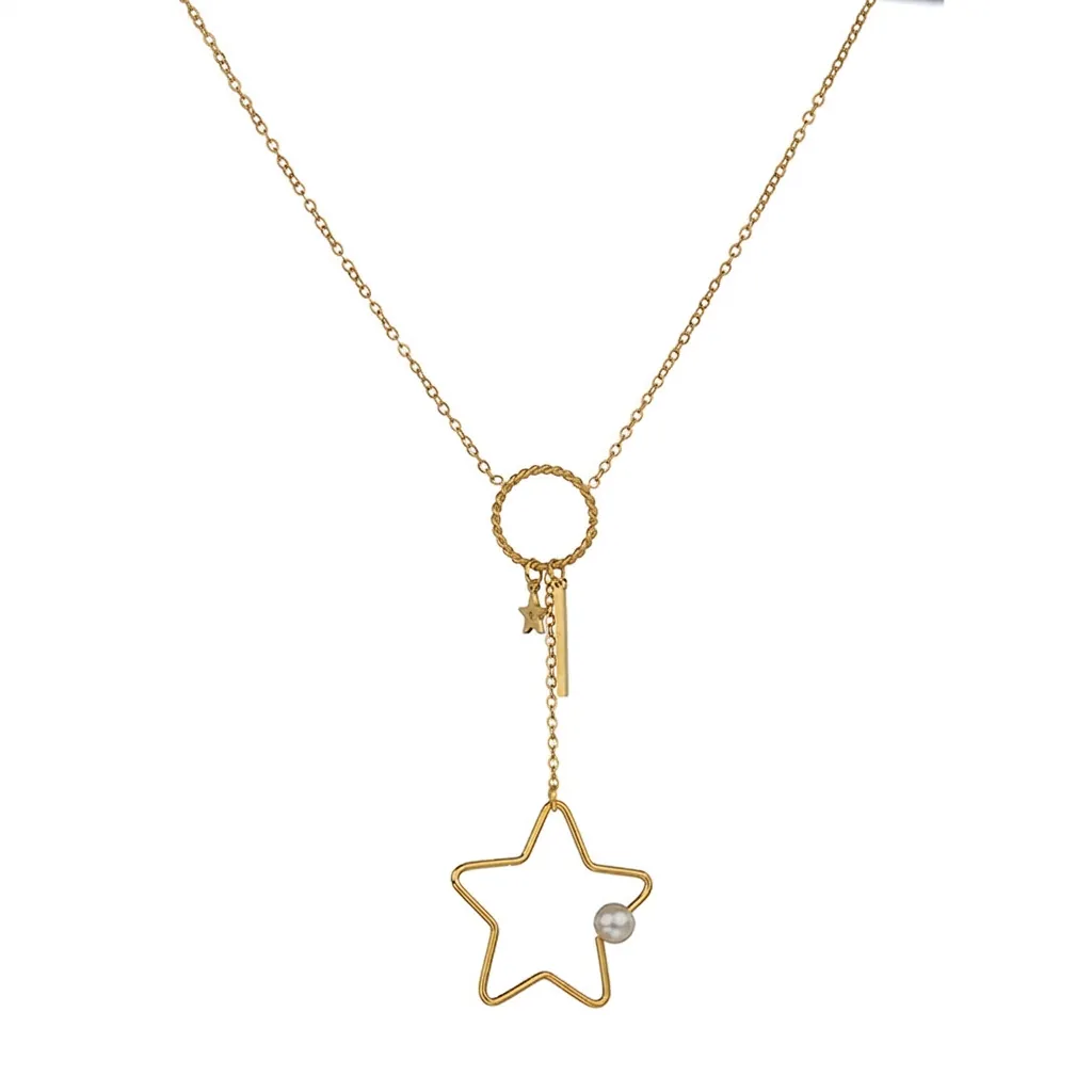 Halskette Aus Edelstahl Mit Hohlem Stern Und Künstliche Perlenanhänger Lange Quaste Y-Förmige Kette Eleganter Minimalistischer Damenschmuck
