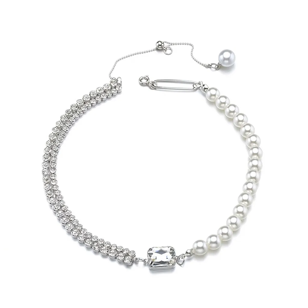 Asymmetric Artificial Pearl Rhinestone Chain Necklace Alloy Silver Plated Rectangular Crystal Pendant Choker For Women Party Jewelry