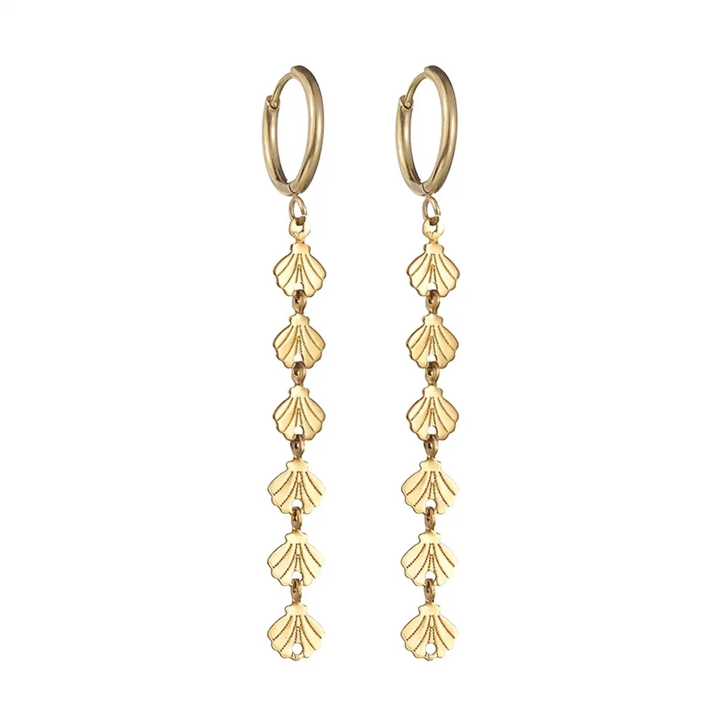 Boucles d'Oreilles Longues à Glands en Acier Inoxydable pour Femmes Dorées Motif Coquillage Épi de Blé Boucles d'Oreilles