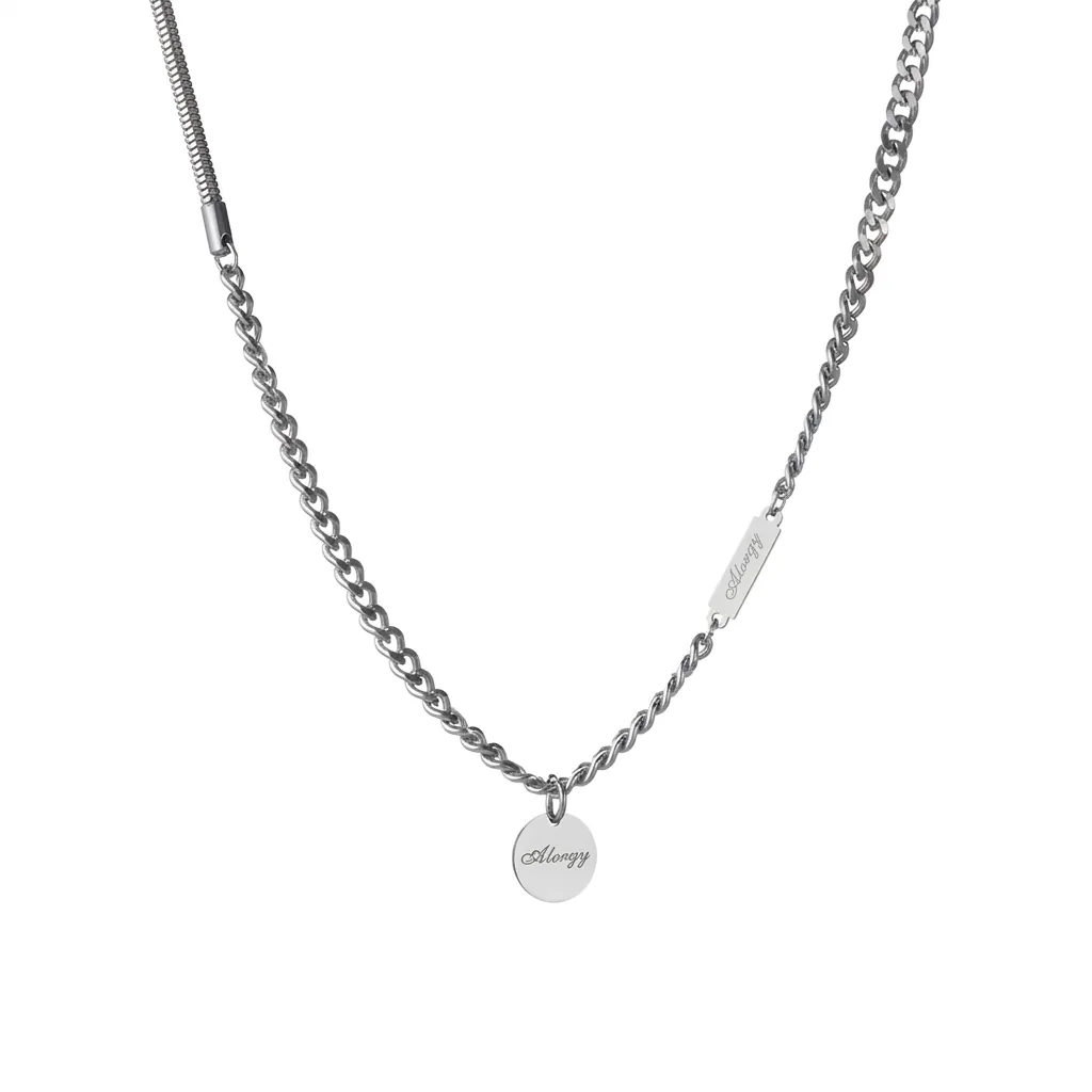 Collier à Chaîne Épissée en Acier au Titane Pour Hommes Femmes Argent Punk Disque Rond Pendentif Gravé Bijoux de Mode Minimaliste