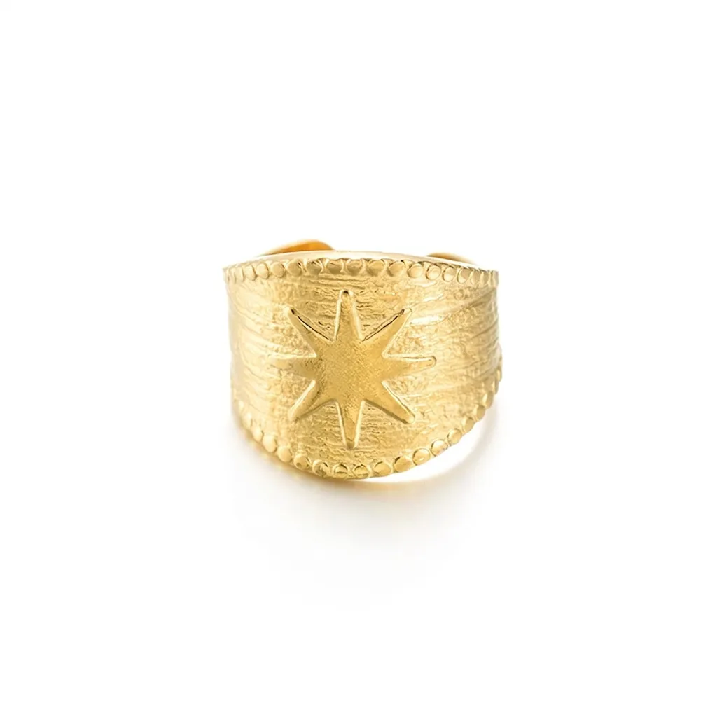 French Vintage Eight Pointed Star Stainless Steel Wide Open Ring For Women Adjustable Gold Plated Polaris Finger Ring
