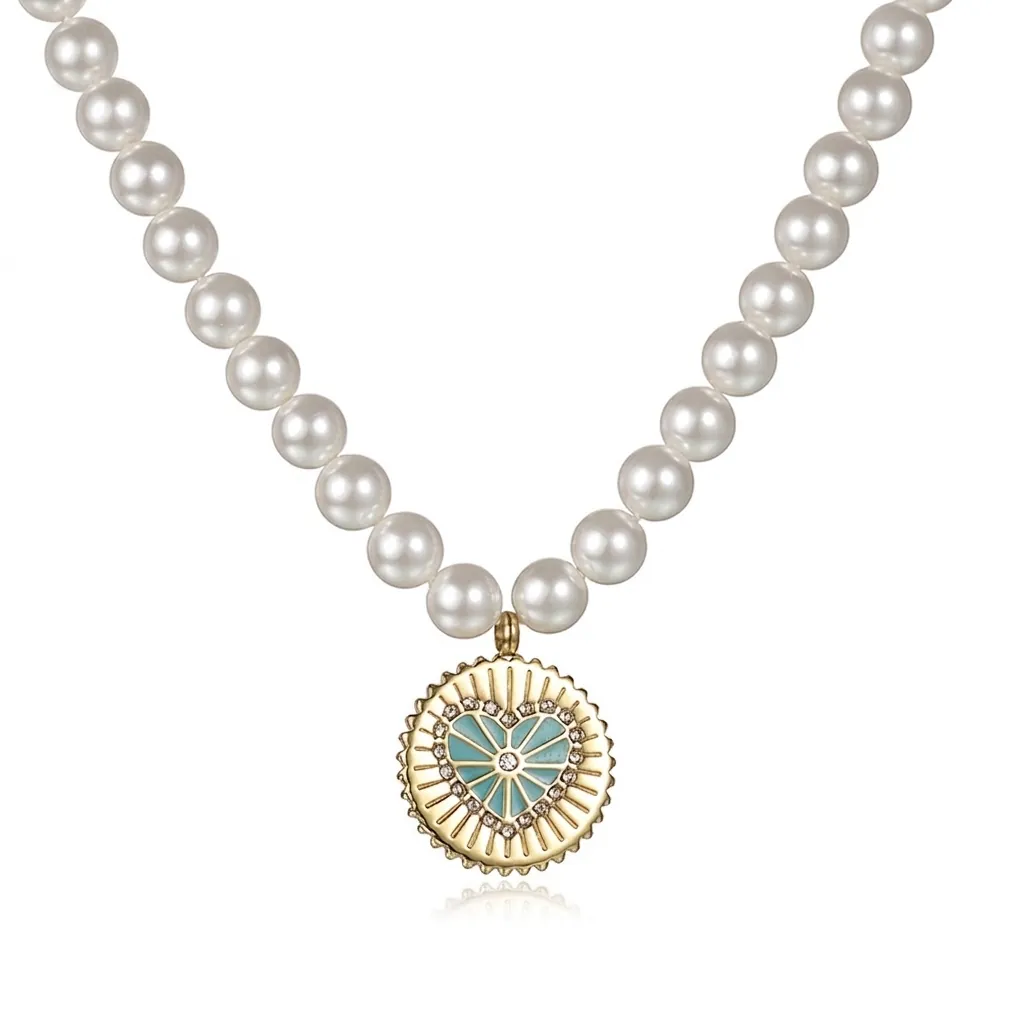Collana di Künstliche Perle Rétro Francese in Acciaio Inossidabile Placcato Oro Ciondolo a Cuore in Smalto Per Donna Gioielli Eleganti per Feste