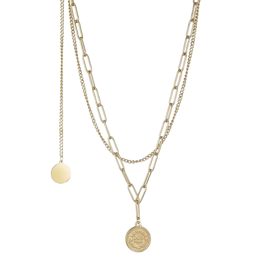 Collier Double Couche en Acier Inoxydable Avec Pendentif Pièce de Monnaie Chaîne Ronde Géométrique Bijoux pour Femme Quotidien