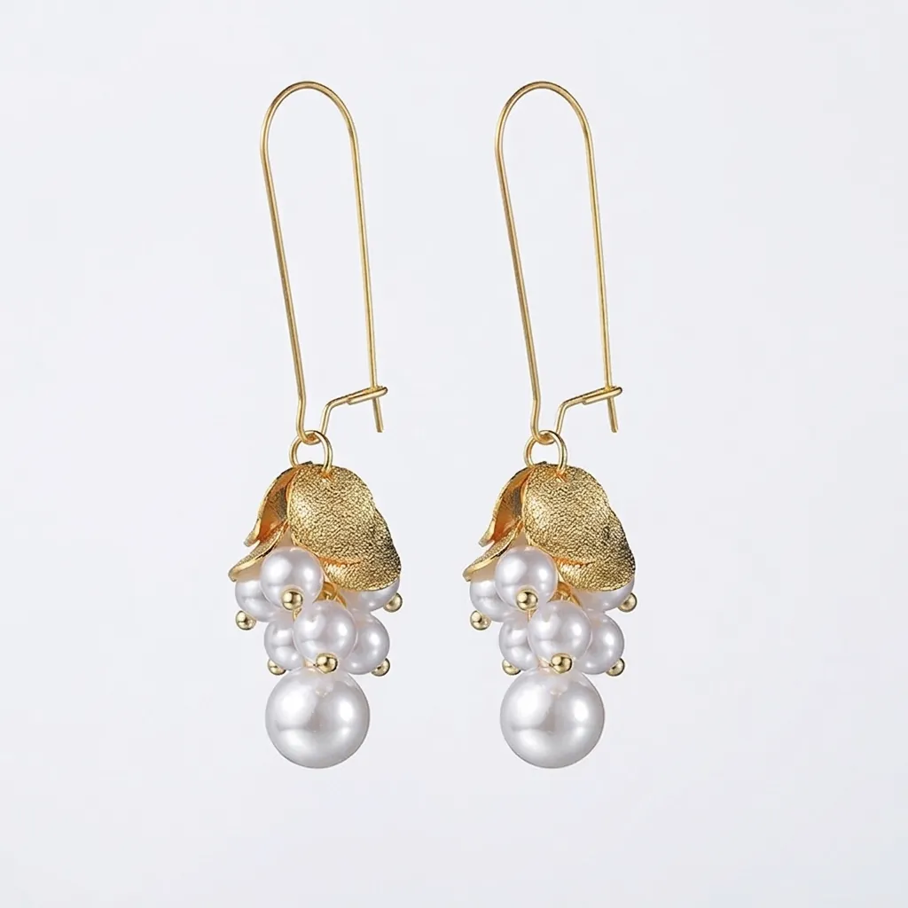 Vintage Stainless Steel Imitation Artificial Pearl Grape Cluster Long Drop Earrings For Women Elegant Frosted Metal Wedding Jewelry