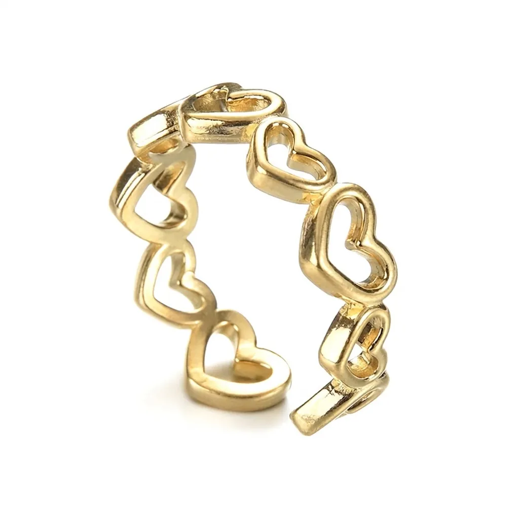 Minimalist Stainless Steel Hollow Heart Open Ring For Women Adjustable Gold Interlocking Heart Pattern Fashion Finger Jewelry