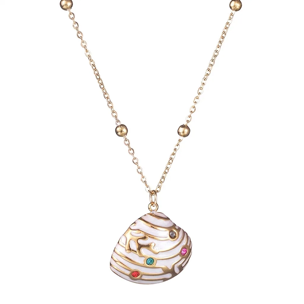 French Style Stainless Steel Shell Pendant Necklace For Women Zirconia Enamel Colorful Stone Gold Beaded Clavicle Chain Jewelry