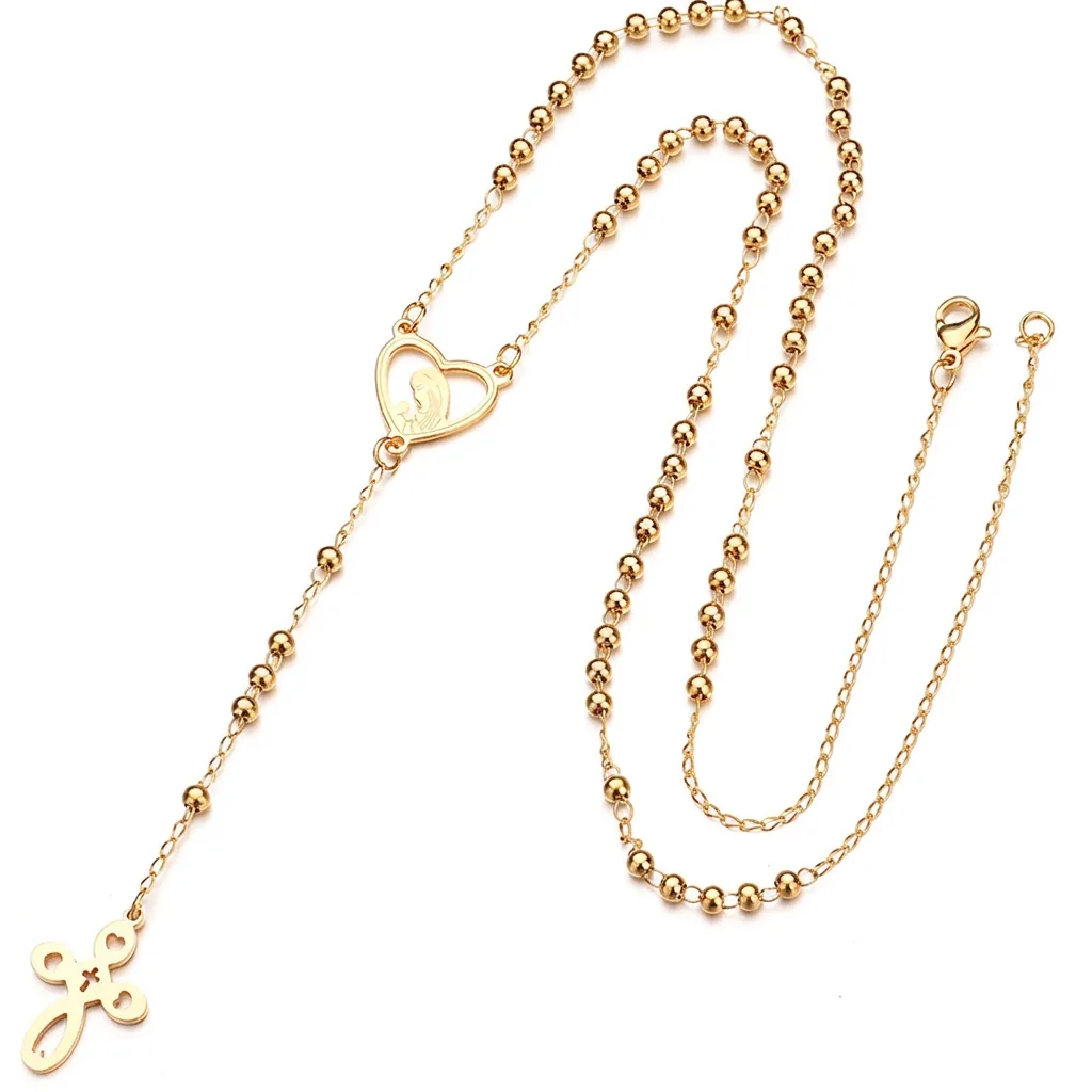 Collana con Pendente a Croce e Cuore in Acciaio Inossidabile per Donna Religiosa Vergine Maria Collana a Y Oro Gioielli