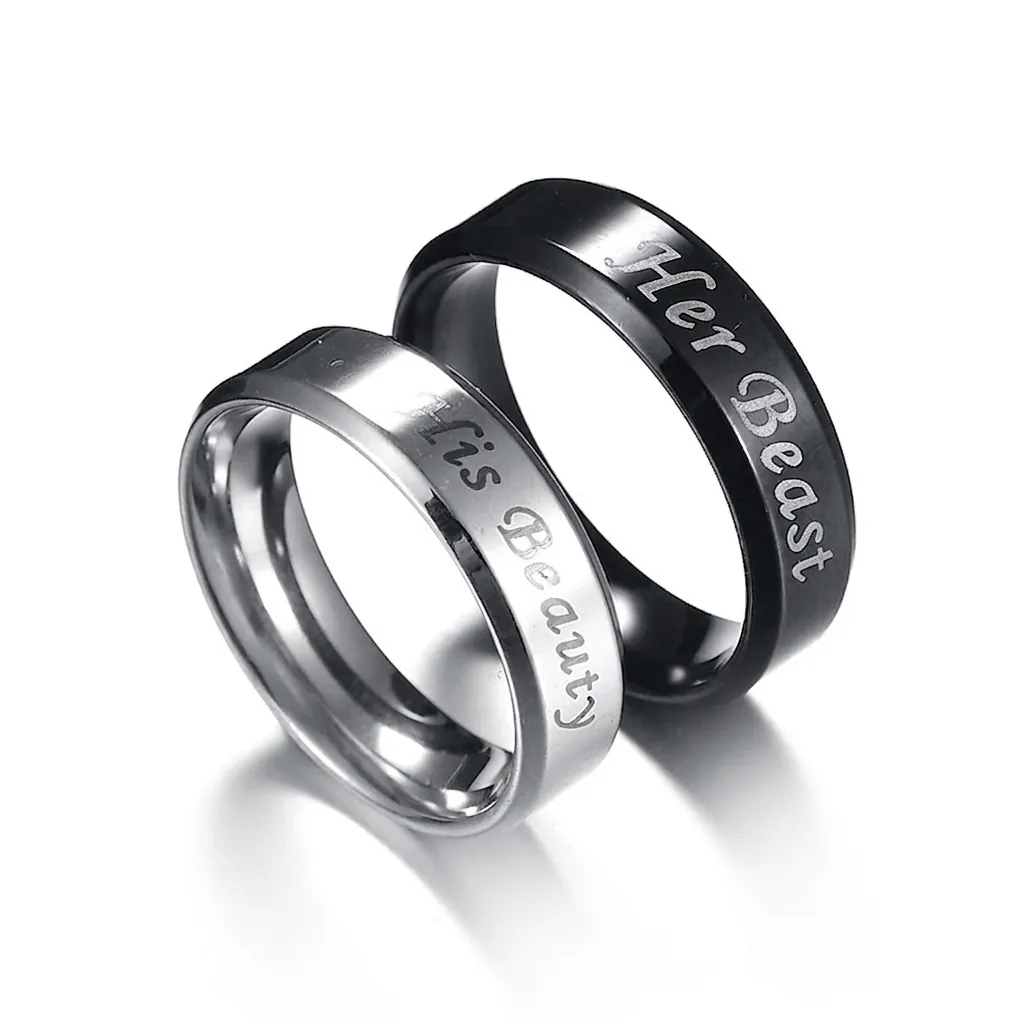 Stainless Steel His Beauty Her Beast Couple Rings Fashion Laser Engraved Band Ring For Men Women Black Steel Color Jewelry Gift