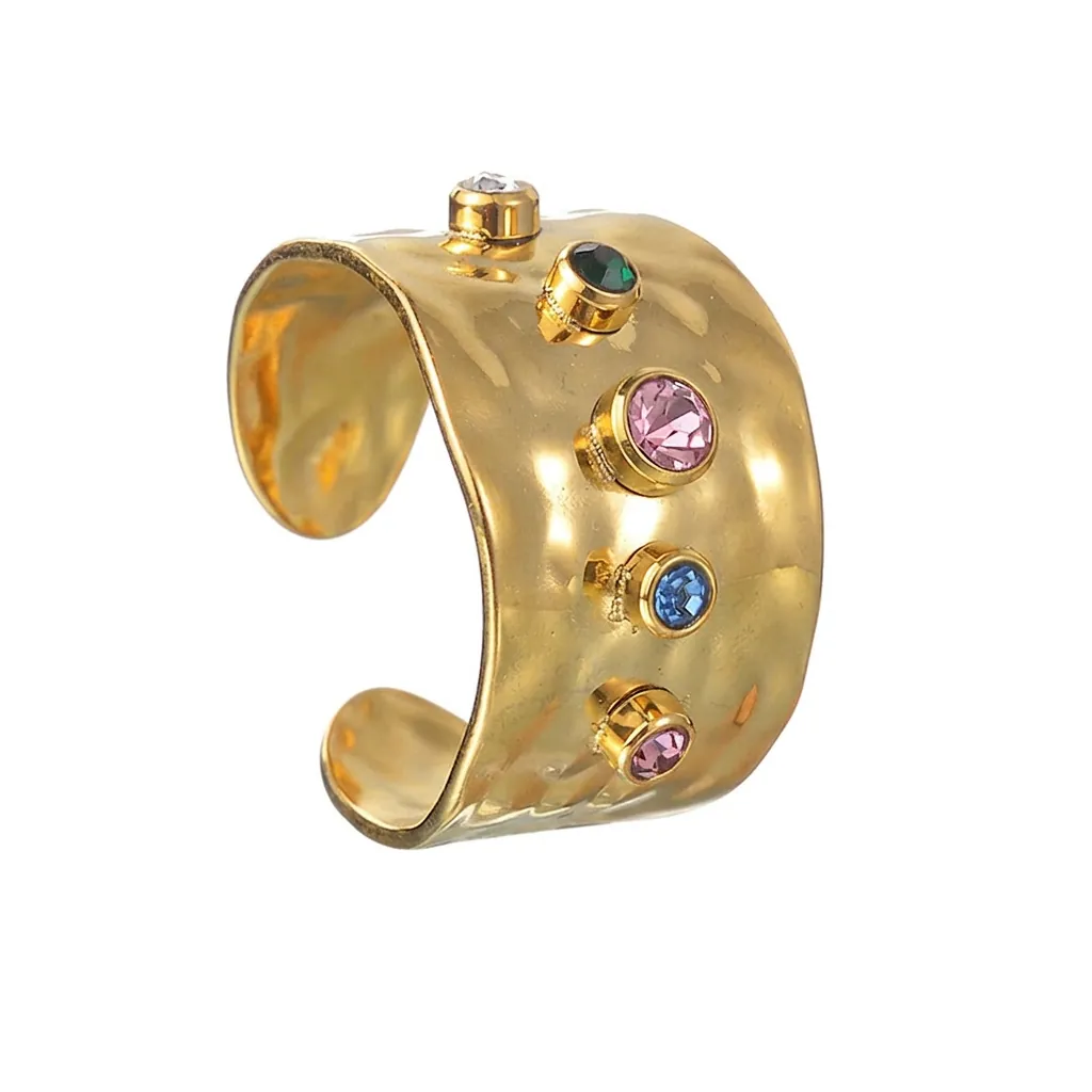 Anello Aperto in Acciaio Inossidabile Martellato di Lusso per Donna Placcato Oro Nicchia Zirconia Colorata Fascia Larga Regolabile
