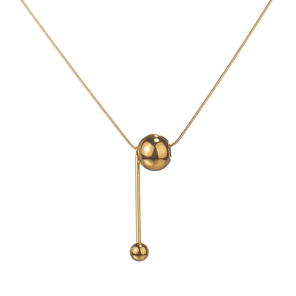 Stainless Steel Geometric Pendant Necklace For Women Simple Snake Bone Chain Round Ball Vertical Rod Tassel Sweater Chain Fashion Commuter Jewelry