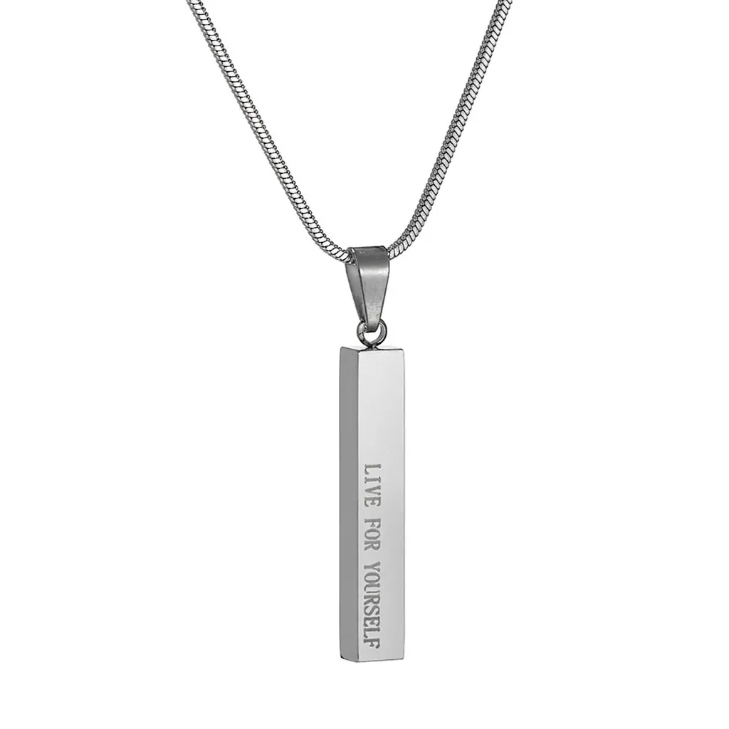 Minimalist Stainless Steel Pillar Pendant Necklace Engraved Live For Yourself Silver Long Sweater Chain Unisex Fashion Jewelry