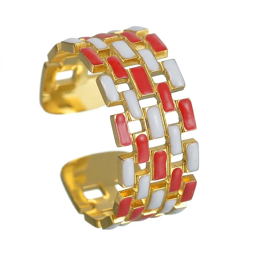 Stainless Steel Gold Plated Geometric Block Open Ring Adjustable Red White Enamel Hollow Fashion Jewelry For Women