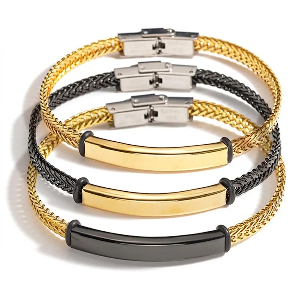 Bracelet Chaîne Tressée en Acier Inoxydable Avec Plaque ID Incurvée Bijou de Style Moderne Simple pour Hommes Et Femmes