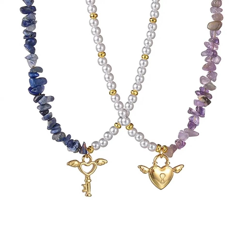 Collier Vintage En Acier Inoxydable Avec Künstliche Perle Et Gravier En Pierre Naturelle Pendentif Clé Cadenas Aile Coeur Bijoux Femme