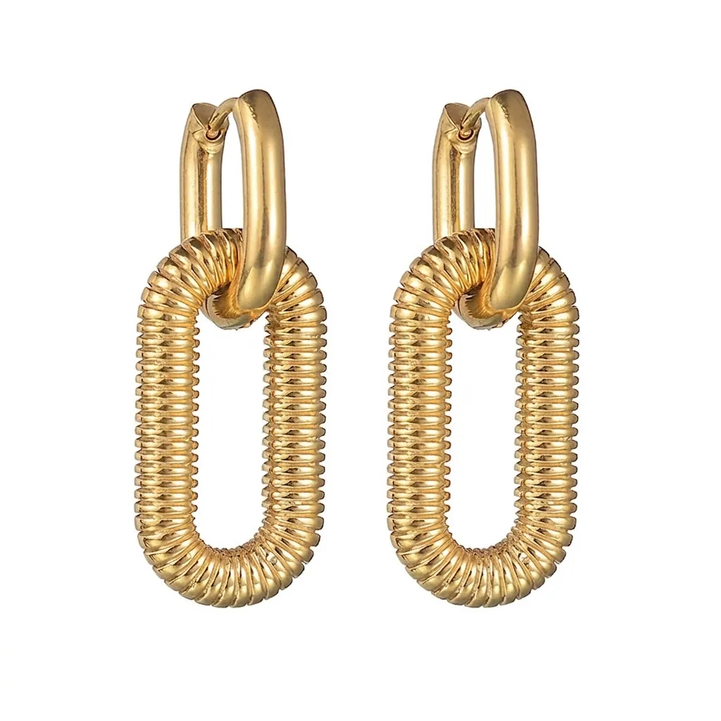 Orecchini a Cerchio Doppio Ovali in Acciaio Inossidabile Vintage Texture a Spirale Retrò Lusso Francese Oro Orecchini da Donna Gioielli