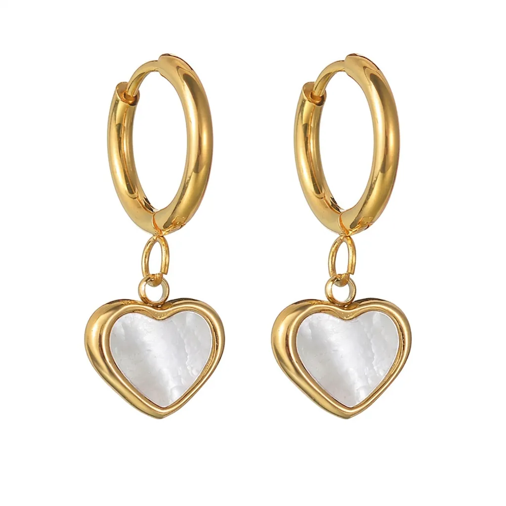 Vintage Stainless Steel Heart Hoop Earrings With White Mother Of Artificial Pearl Inlay Elegant Gold Plated Jewelry For Women Gift